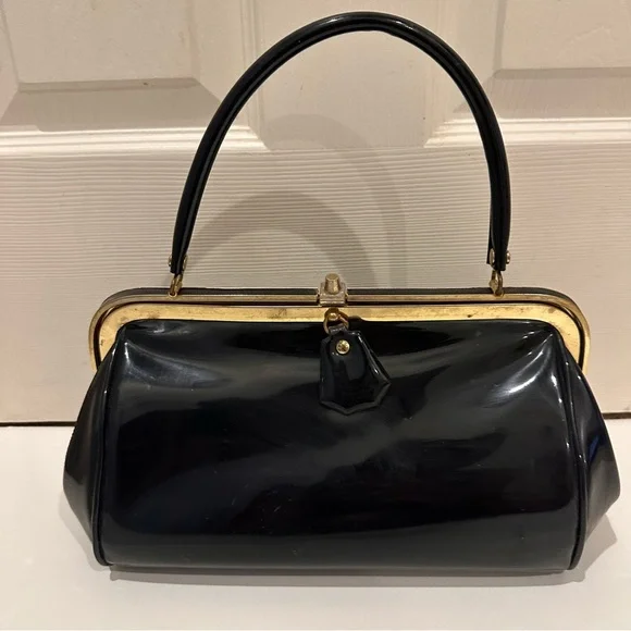 Delicato By Markay Vintage Black Patent Leather Handbag Purse - Picture 1 of 9